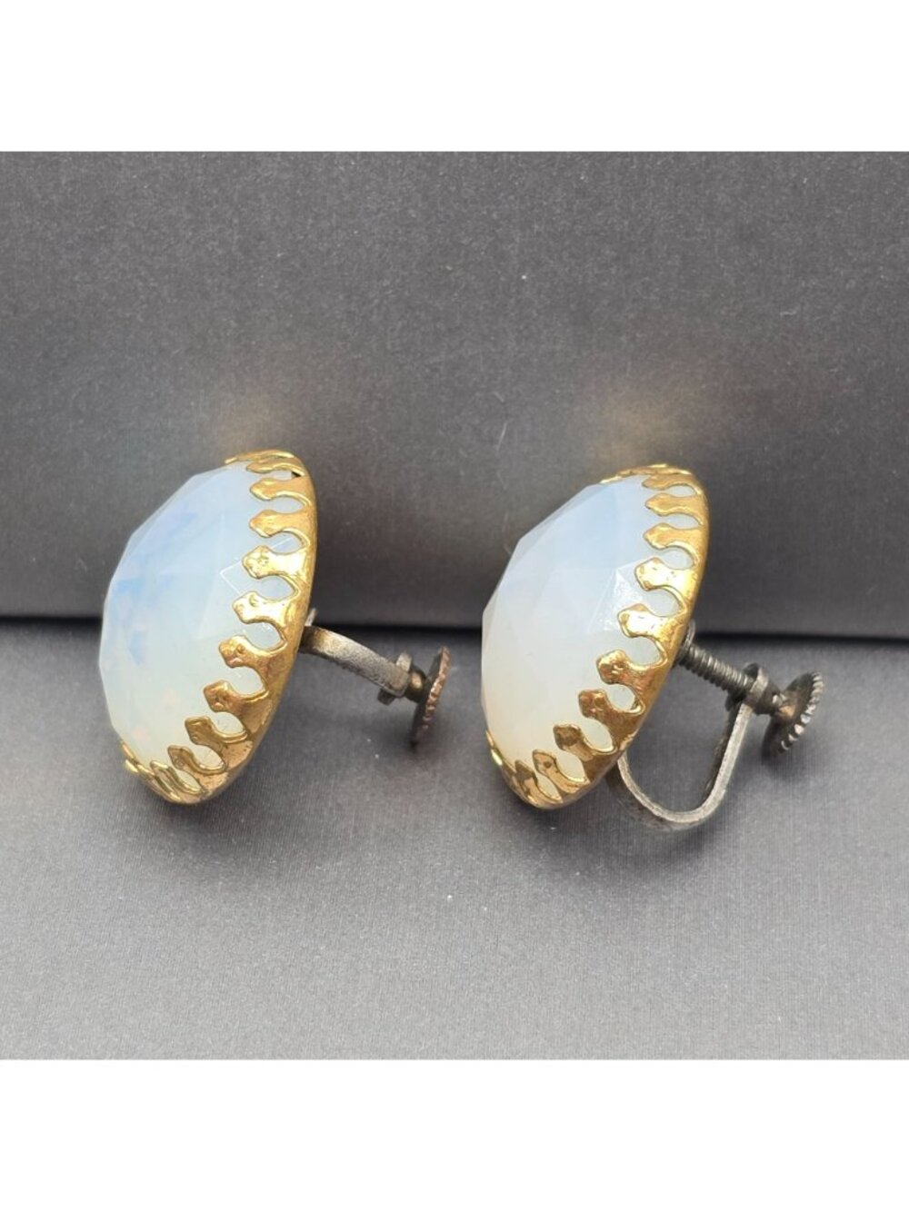 Vintage Moonstone Earrings Ornate Flame Prong Set Gold Tone Upcycled Jewelry - Picture 3 of 10